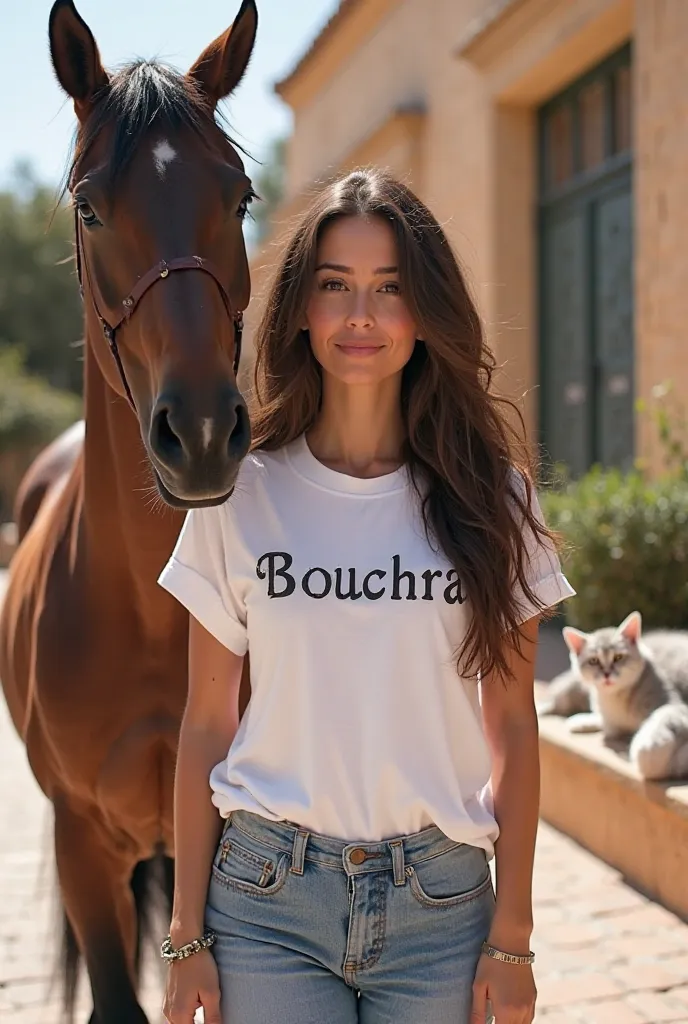 Voici une description détaillée de ton image :

Une femme marocaine, aux longs cheveux bruns légèrement ondulés, porte un tee-shirt blanc où est écrit "Bouchra" en lettres élégantes. Elle a un regard doux et confiant, avec des yeux marron chaleureux et un ...