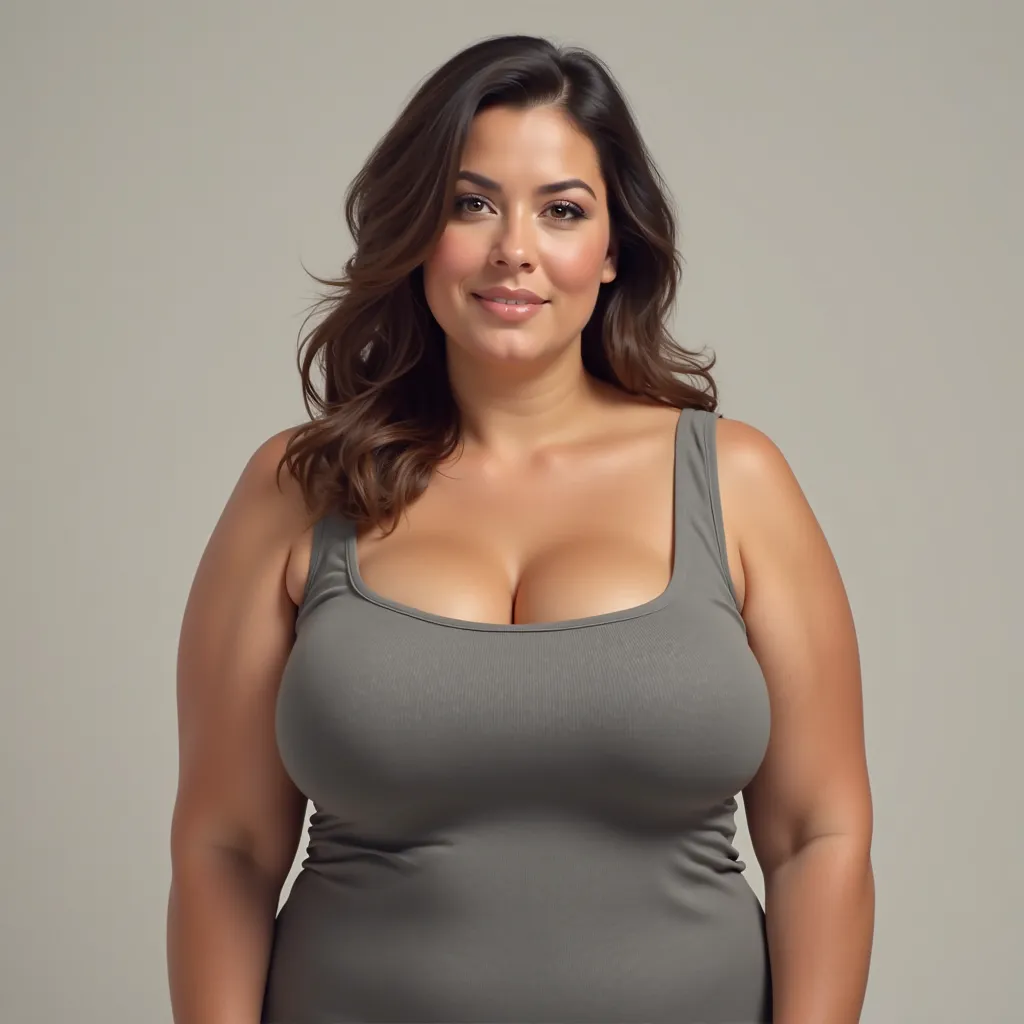 46 year old milf with big breasts in a gray tank top (not fat and not thin, average build)