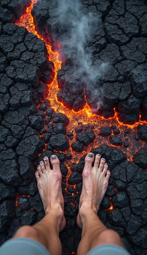 "A first-person perspective  standing and looking down at my bare feet, which are nearly buried in molten volcanic lava. my person is not wearing shoes or pants, and their legs are exposed. Their feet are completely covered in black ash, contrasting with t...