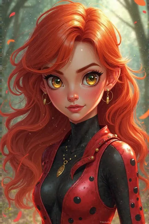 Crie uma personagem para miraculus Ladybug, that it's a girl with long, wavy hair, Let it be red and eyes color amvary