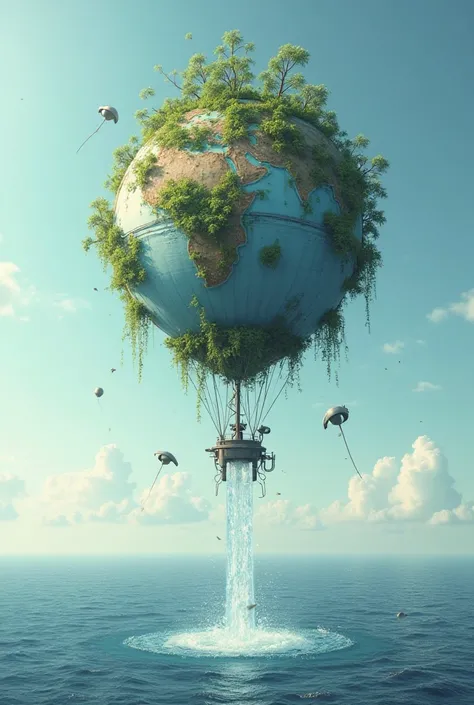 Earth balloon with plants and a large faucet next to the sea watering water 