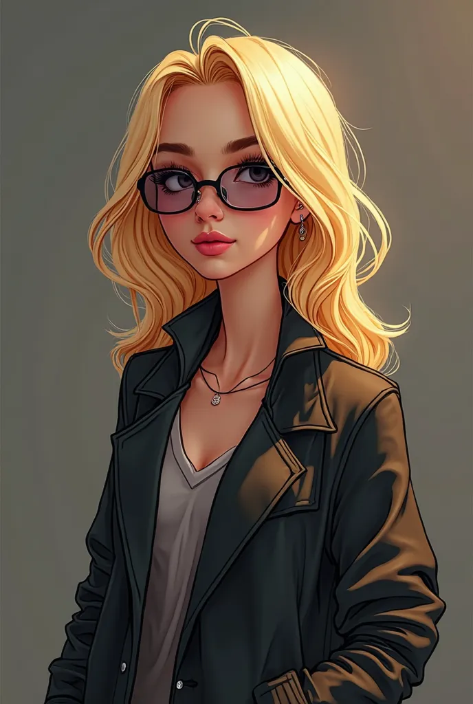 une femme blonde mignonne aux cheveux blonds portant une veste noire, portant des lunettes, assis sur un canapé, laboratoire comme arrière-plan, chef-d'œuvre, mignon 3d dessin animé, Proportion correcte, hyper détaillé, compliqué, détaillé de manière incro...