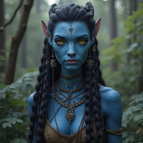 Create a blue age Na'vi, with yellow eyes and black hair, whose hairstyle has braids all over her hair with accessories and that she is standing in the woods, looking at the spectator who can be seen up to her waist 