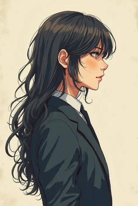 in the style of an illustration that is not an anime　A civil servant man with long bangs　In profile 　It feels like the whole body is in the picture　more illustration style　I want it to be a picture drawn by hand with colored pencils or something　Because th...