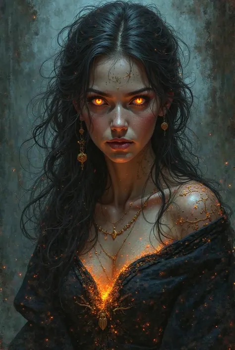 A concept art style image of a magical woman with glowing eyes.
* A dark fantasy style digital painting of a powerful woman with fiery eyes.