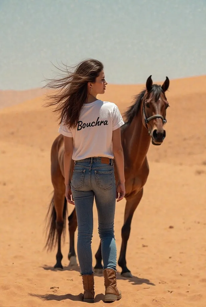 Voici la description détaillée de ton image :

Dans un vaste désert doré, où les dunes de sable ondulent sous un soleil éclatant, une femme marocaine se tient avec élégance et assurance. Son prénom, "Bouchra", est inscrit en lettres stylisées sur son tee-s...