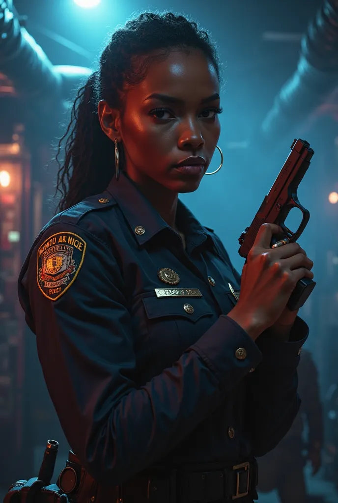 Black Woman, In police uniform, Realist holding a pistol, Bottom of a nightclub 