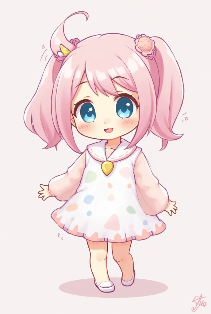 A pretty  with a cute pink white color and hair with two tails and blue eyes cute cartoon