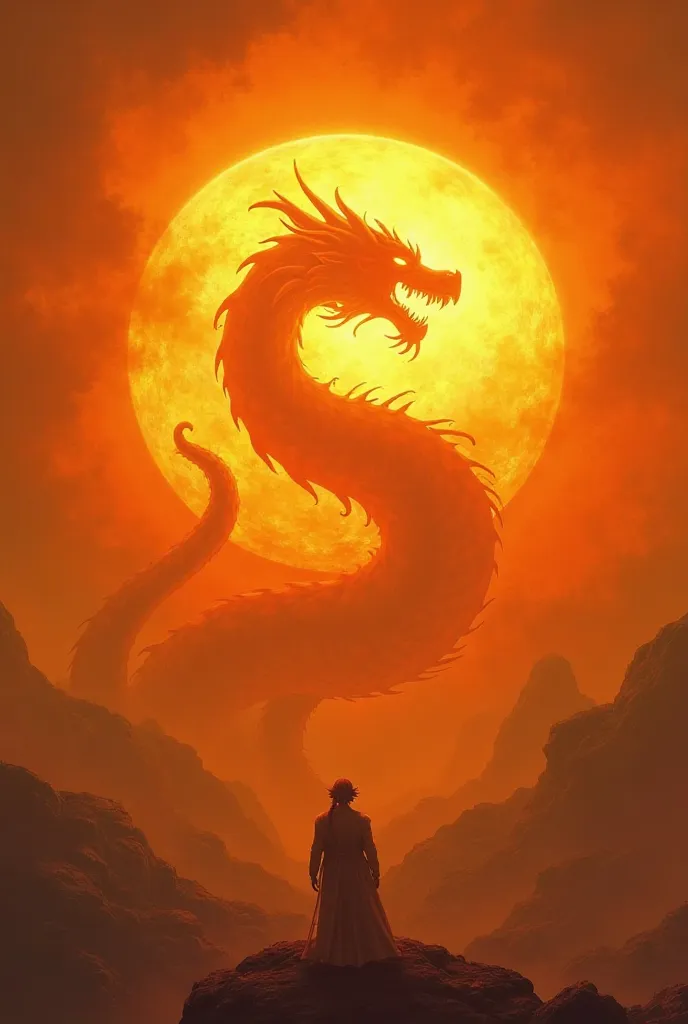 Rising Sun Figure, orange sun, the sun is on fire, the sun envelops a dragon, 