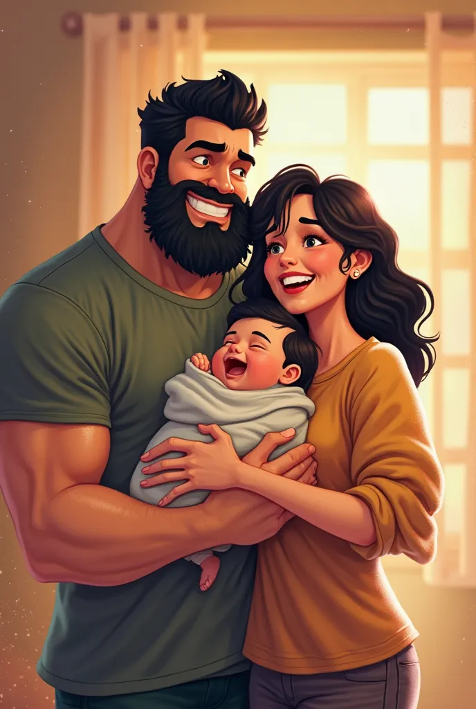  strong man, Black hair, bearded, with newborn baby in her arms boy,mulher baixa um pouco gordinha Black hair,  at shoulder height ,  s,Black hair, Super happy skinny woman,  cartoon 