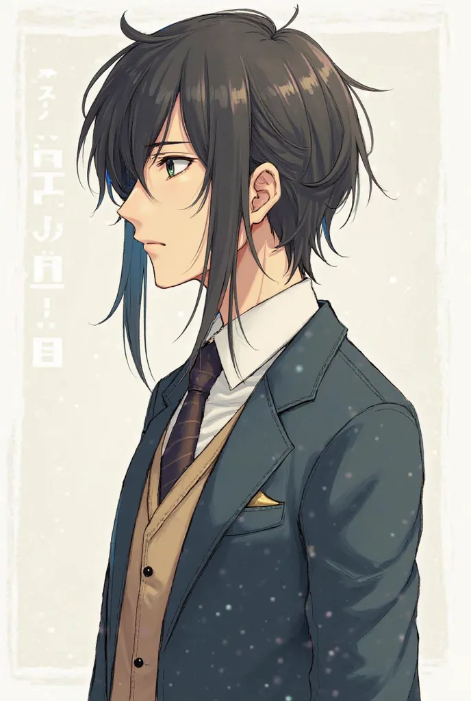 In the style of an illustration that isn't an anime　A civil servant man with long bangs　In profile 　It feels like the whole body is in the picture　More illustration style　I want it to be a picture drawn by hand with colored pencils or something　Because the...