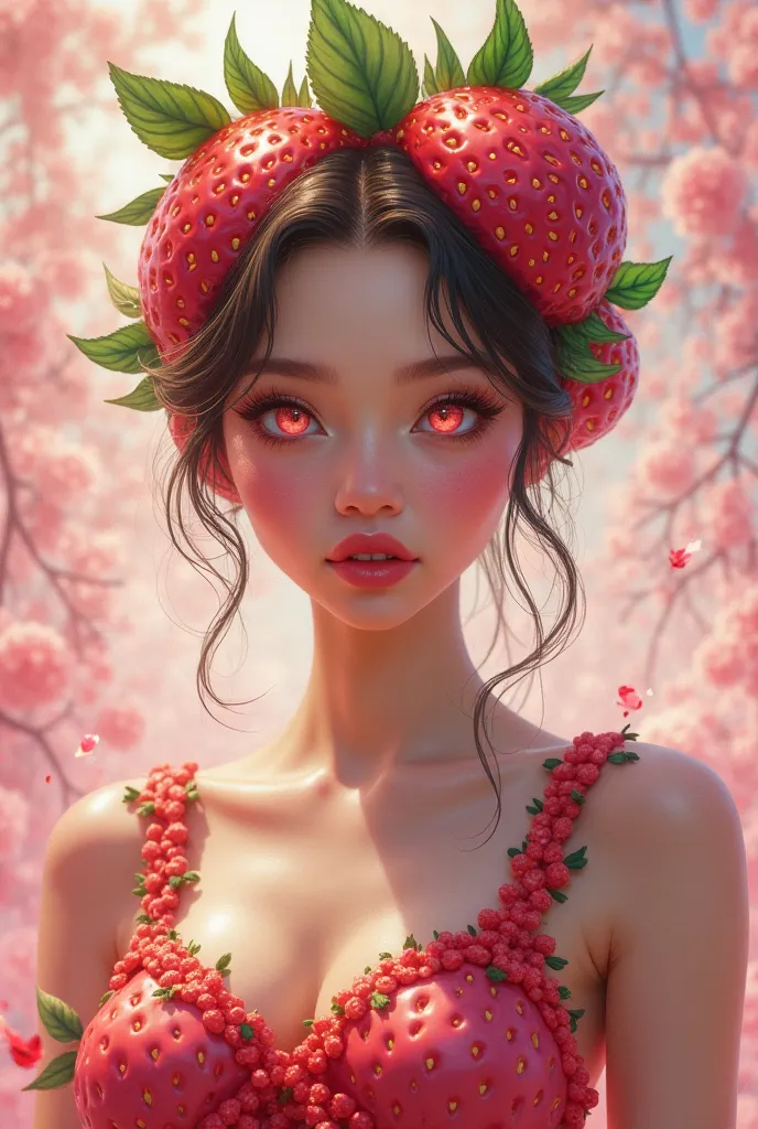 Woman with strawberry outfit, strawberry eyes wear hair, pink eyes