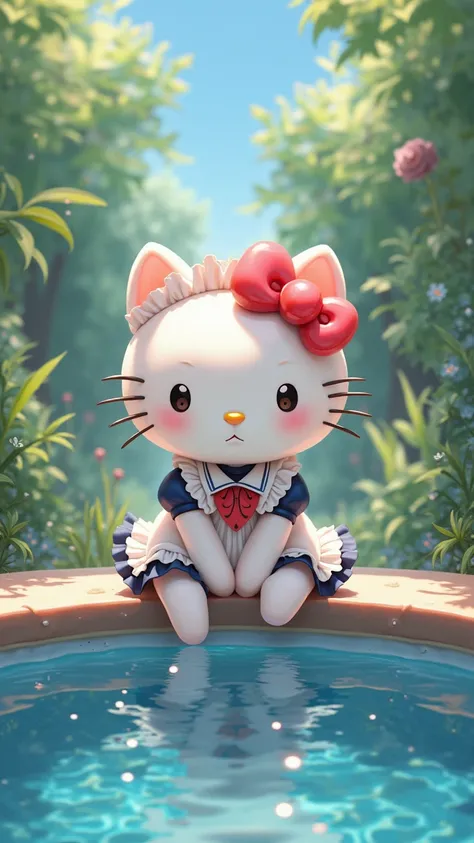 Hello Kitty in a maid outfit on the pool adorable 