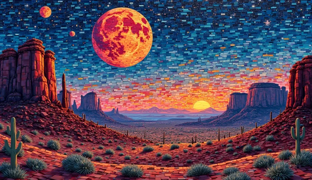 The mosaic panel consists of rectangular horizontal sticks of different colors and depicts desert canyons and bright red Mars in the night sky