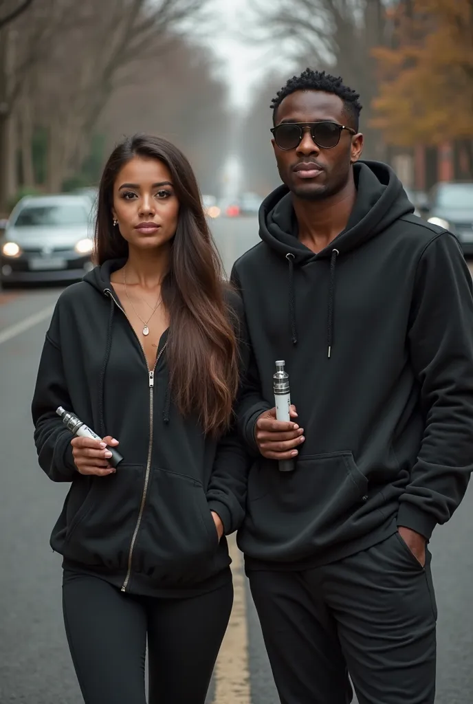 A very sexy girl with a tan skin wearing a black hoodie with a black pants, with a tan skin man wearing blazer hoodie with a black pants, they are holding vapes in their hands and they are in the car in a long street