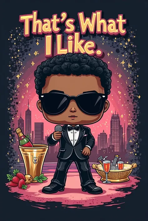 Create a stylized t-shirt design in the Funko Pop format, inspired by the song 'That's What I Like' by Bruno Mars.  The design must include :

A stylized Bruno Mars Funko Pop,  with her distinctive look  (elegant suit, dark glasses and a confident expressi...