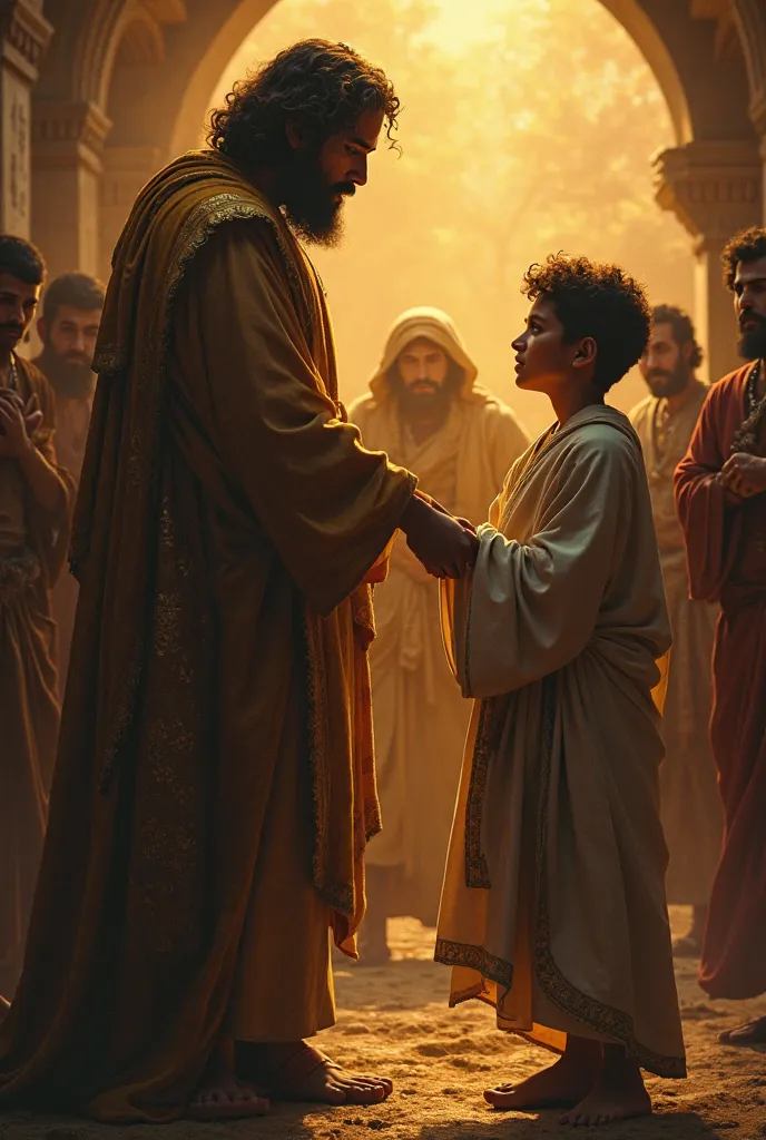 scene, a dark and golden art depicting three remarkable moments in the history of José in a single composition. In the foreground, Young Joseph is at his father's side, Jacob, wearing his robe colored with golden details. Jacob coloca a mão em seu ombro co...