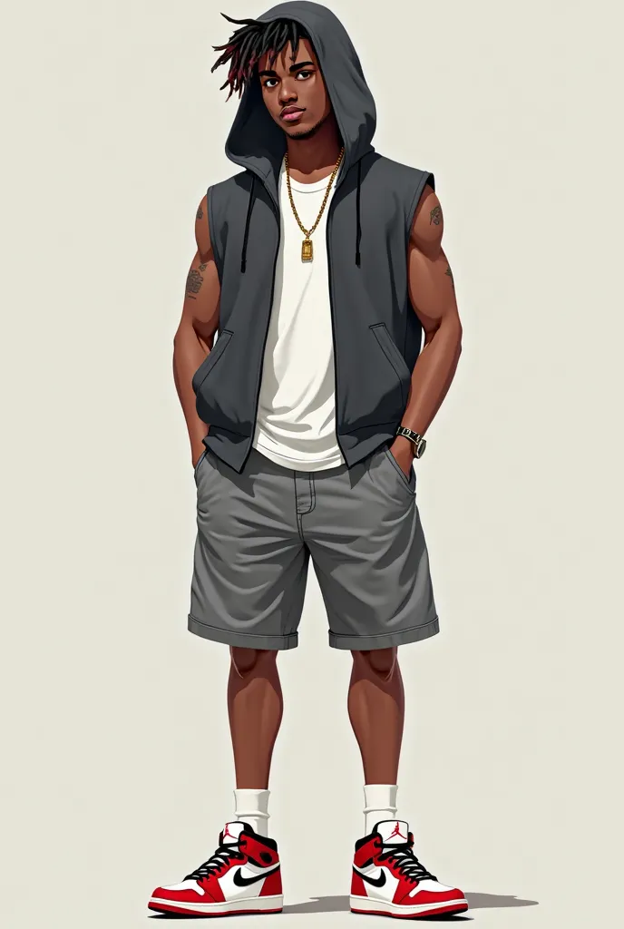 A 16-year-old black man with shorts and Jordans and he is wearing a T-shirt and a sleeveless vest with a white hood with gradient hair and no jewelry. 