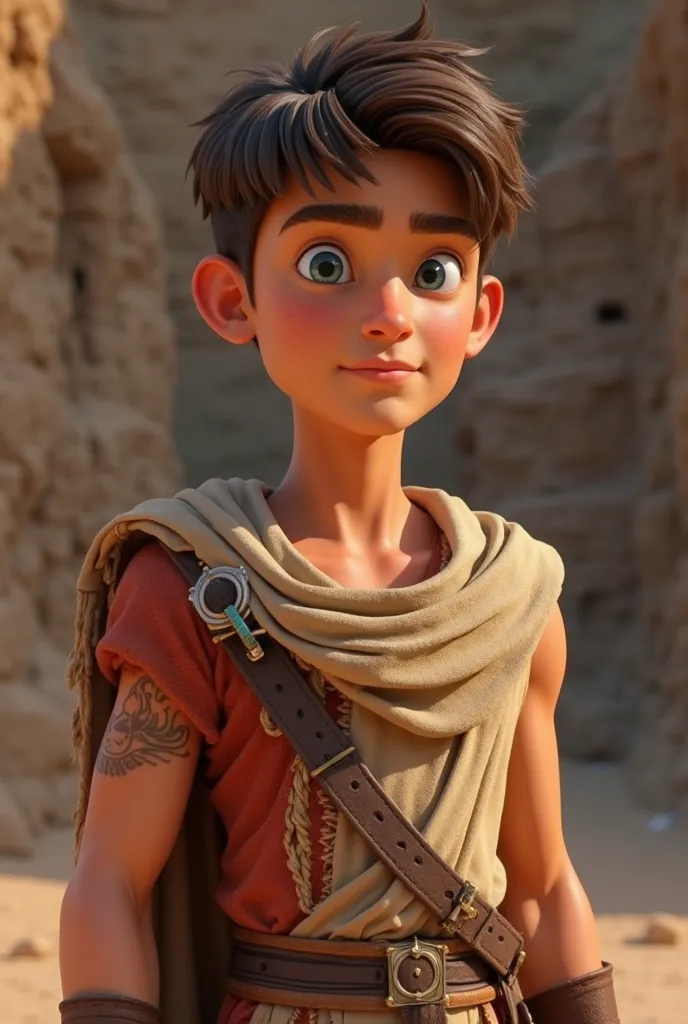 A highly detailed Pixar-style 3D rendering of a very handsome young man with short, smooth brown hair and striking blue-green eyes. His skin has a warm Turkish tone, and he carries a serene expression,  but determined .  His facial features are well define...