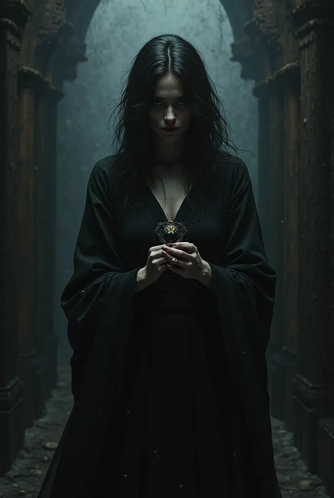 An image of a mysterious woman, in a dark and gloomy environment, holding