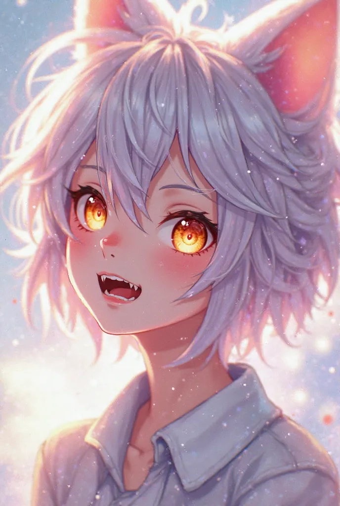 Anime boy with pastel hair and fangs... with orange eyes 