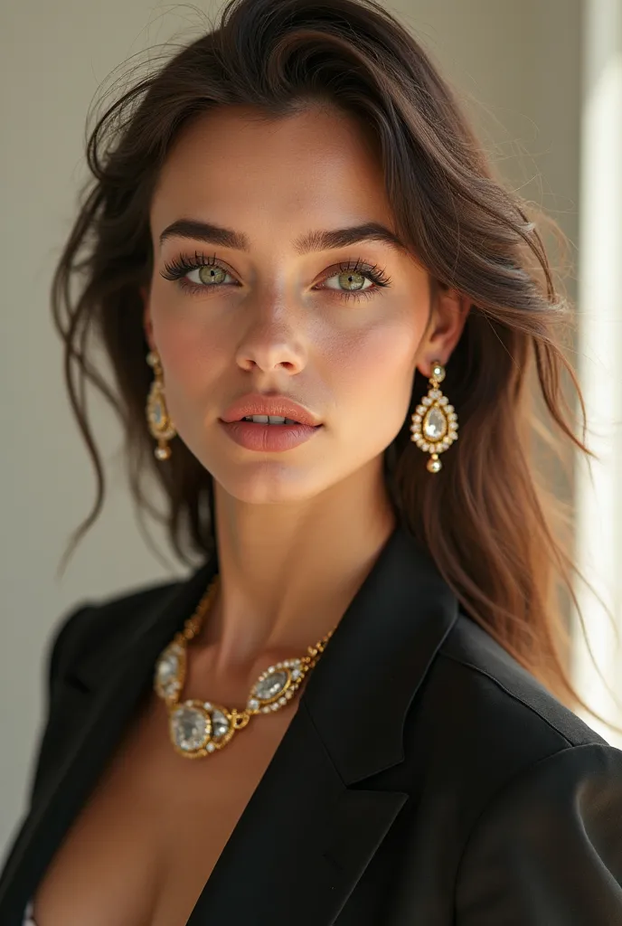 A stunningly beautiful 24-year-old woman poses for a Vogue-style fashion shoot, exuding confidence and elegance. She wears a luxurious designer outfit—either a sleek couture gown or a bold, high-fashion ensemble—paired with an exquisite luxury purse and st...