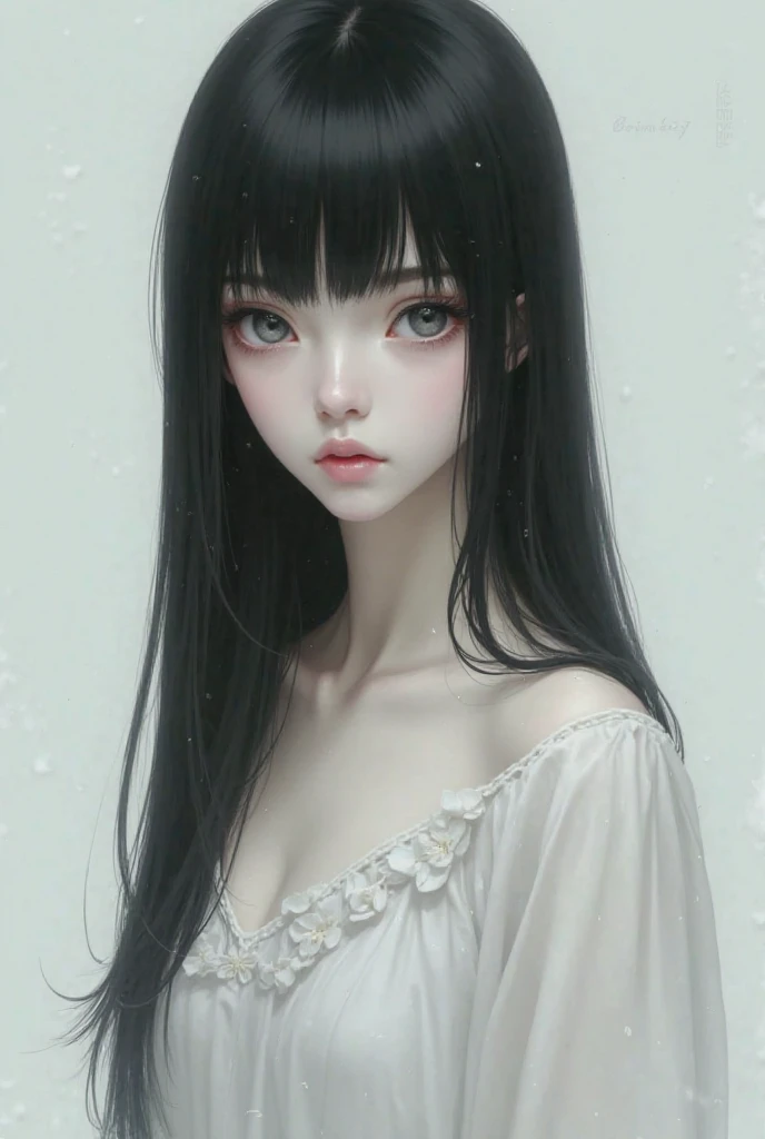 Make a girl with pale skin, Gray hunter's eyes, long straight black hair. The girl's expression is serious and neutral, She's wearing a white nightgown 