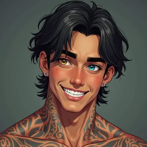  young man aged 25, muscular and with a tattooed torso and neck, jaw-length black hair,  with freckles on the face , right eye blue and left eye gold.  winking smile . Left ear piercing. Less angular chin.