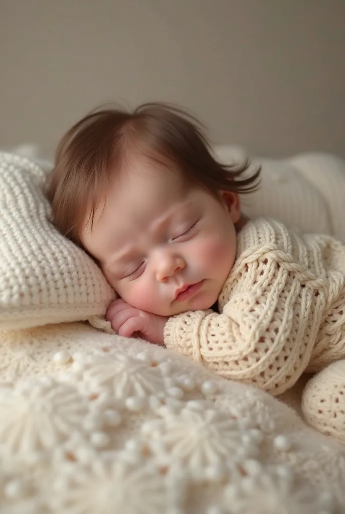 Baby sleeping on her stomach with smooth brown hair in crochet pajamas with an angelic face in digital realism style  