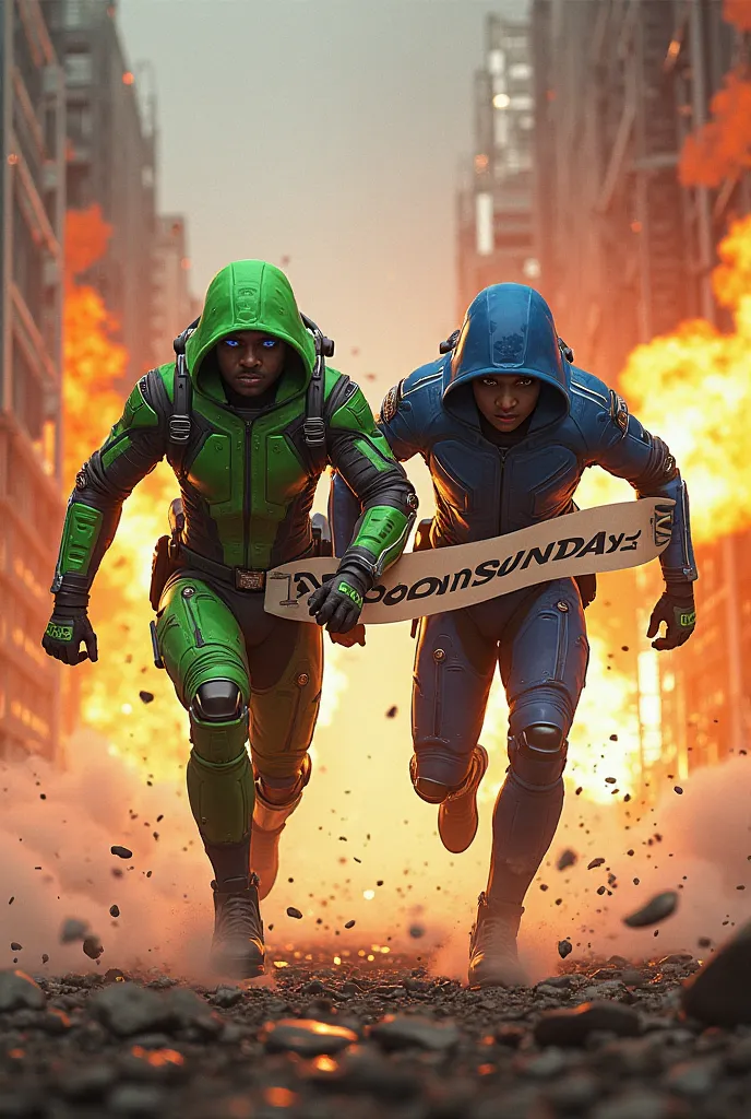 Cyberpunk Ingress enlightened agent wearing green and resistance agent wearing blue, explosion background, running, holding a banner that says SECOND SUNDAY