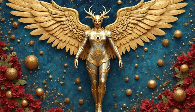 Front-view of a Klimt-esque angel in mid-stride, golden griffin mask (#FFD700), wings arched like celestial battering rams. Attire: Metallic silver armor (#C0C0C0) etched with zodiac constellations. Background: Collapsing mosaic sky (sapphire #0F52BA, crim...