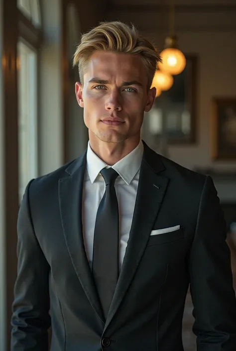 Blond boy, green eyes, Young 20 years old and dressed in a suit 