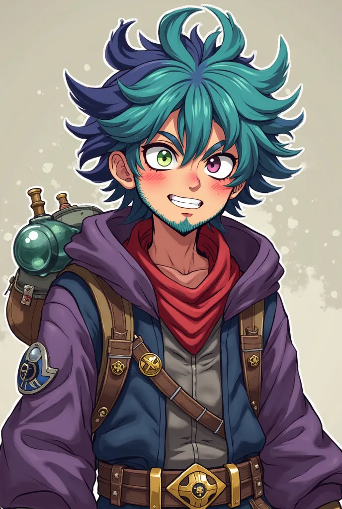 The image depicts a whimsical, medieval fantasy-style character in an RPG world, Dungeons and Dragons.. This character, an alchemist wizard, is a 21-year-old man with the hair of a mad scientist, frizzy and colored blue, green, purple, rosa, red,  Black an...