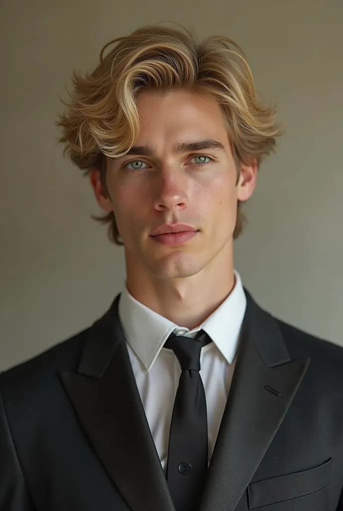 Blond boy, green eyes, Young 18 years old and dressed in a suit 