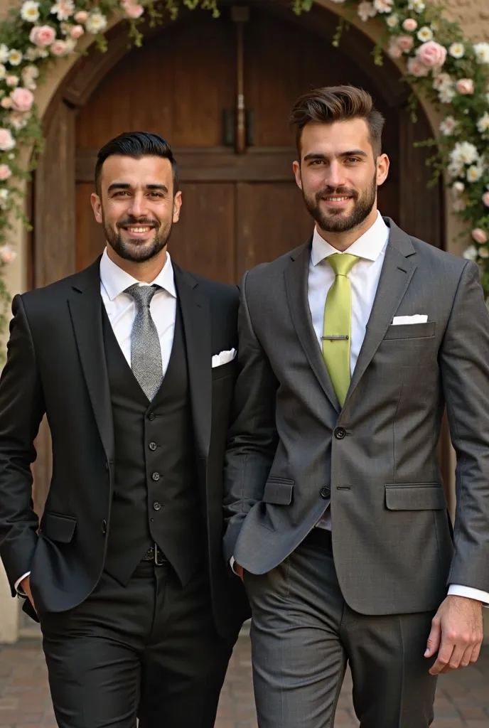  Handsome Moroccan man dressed in a black three-piece suit , silver tie and white shirt   , marrying a young man with brown hair and a trimmed beard who wears a dark gray three-piece suit with a white shirt and lime-colored tie in a stable decorated with f...