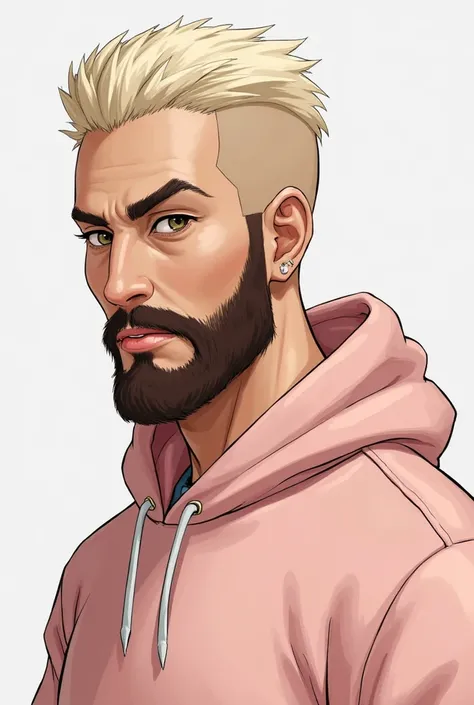 Create a drawing of a male character, gordo, With very light blond hair, shaved on the sides, hairstyle back to the back of the neck, with dark brown beard and mustache, wearing a light pink hoodie