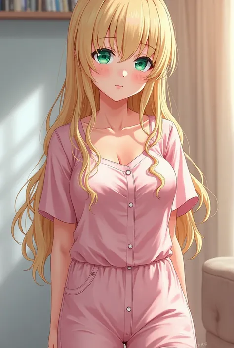 An adult anime-style but VERY REALISTIC 20-year-old girl of 1,65cm, Very light blond hair, Very long plain, with CLARITOS green eyes, Developed , that is to say,  with curves, With something sexy pajamas