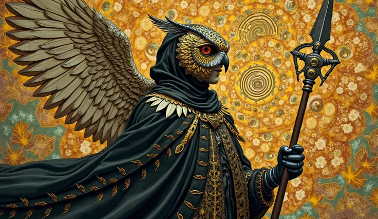 A battle-ready angel, golden owl mask (#FFD700) (wisdom), wings folded into spiked Art Nouveau armor. Attire: Black velvet cloak (#000000) embroidered with golden arrows (direction) and labyrinths (destiny). Background: Fractal battlefield in Klimt’s geome...