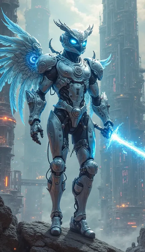 An enigmatic and futuristic warrior, inspired by the Aquarius sign , wears silver metallic armor and electric blue, adorned with glowing circuits and cosmic symbols that pulsate with energy. Your armor seems more advanced than human technology itself, as i...