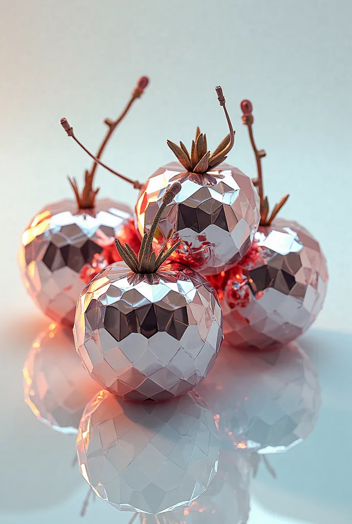 Mirrored faceted fruit, photorealistic, On a plain background