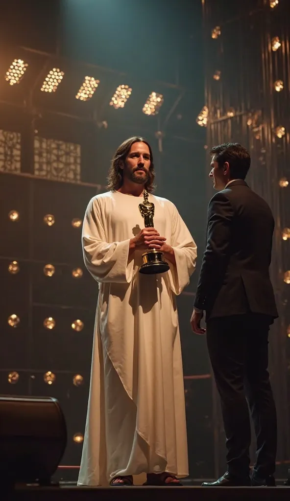 Jesus on stage with a person in a suit in front of him holding the Oscar trophy to present to Jesus. The stage is a stage with lots of lights and an LED sign on the wall that says: "Oscar 2025".  Cinematographic . 