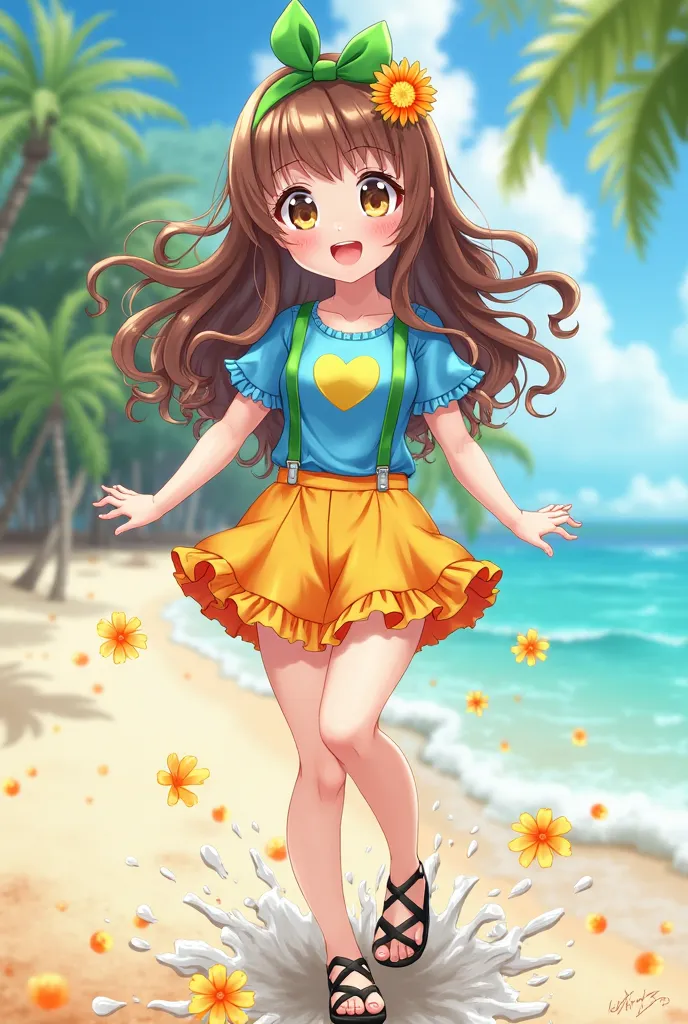 An anime style girl with long wavy brown hair, dressed in a colorful summer outfit. She wears a blue blouse with a yellow heart on the chest and green suspenders, along with a ruffled skirt in shades of yellow and orange. His expression is happy and animat...