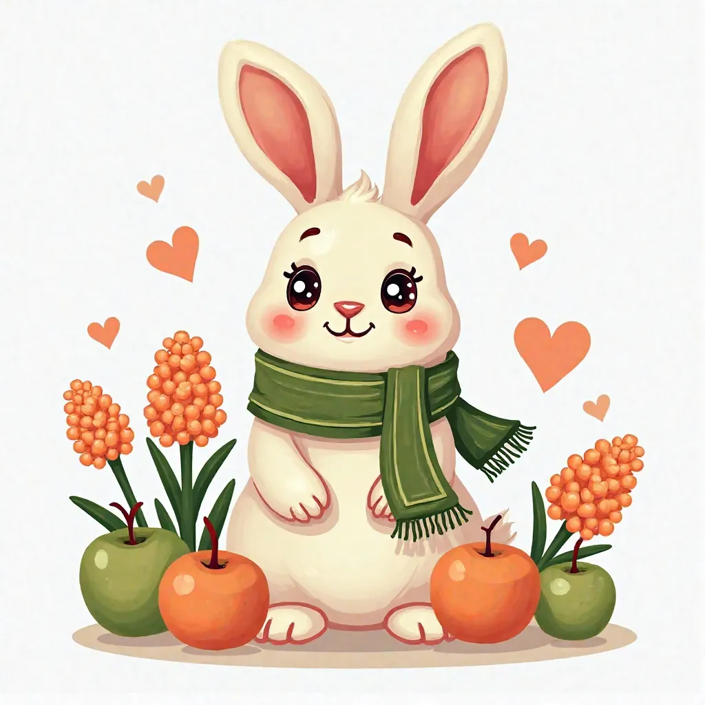 پرامپت: "Unique Nowruz rabbit wearing a traditional scarf, standing next to Haft-Sin elements (apples, eggs, hyacinths), vibrant pastel colors (green #E6F3D6, orange #F4A261), ultra-high-quality PNG with transparent background, 300 DPI, 3000x3600 pixels, c...