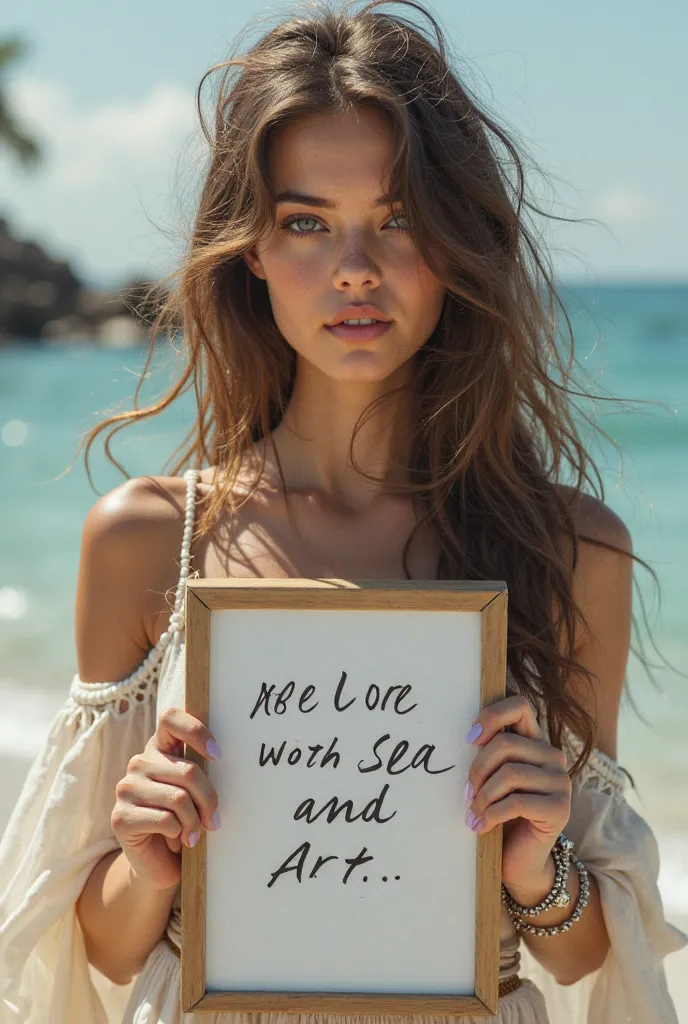 Beautiful girl with wavy long hair, bohemian dress, holding a white board with text "I Love Seaart Infinity" and showing it to the viewer naked