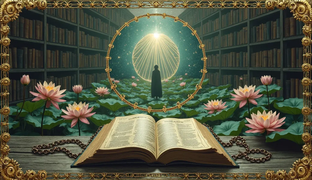 Insanely detailed composition. A chained book labeled “Pineal Mysteries” sits in a dim library, while a figure outside unveils a radiant third eye portal. Brocade borders transition from barbed wire to blooming lotuses. Colors: charcoal gray vs. gold leaf ...