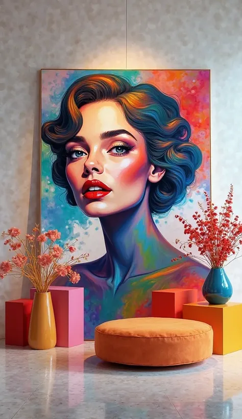 Front photo of Fluid Art Picture hanging a famous modern woman with colorful design objects gallery of modern contemporary art 
