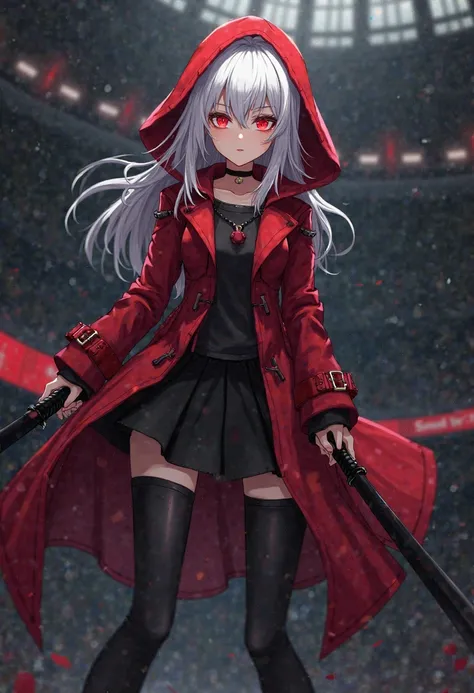 1 anime girl, white hair, long sleeve red trench coat with red hood,  short black skirt,(two long black swords in hands, light brown skin,neon red eyes,(dark stadium in the background),  age look , anime style 