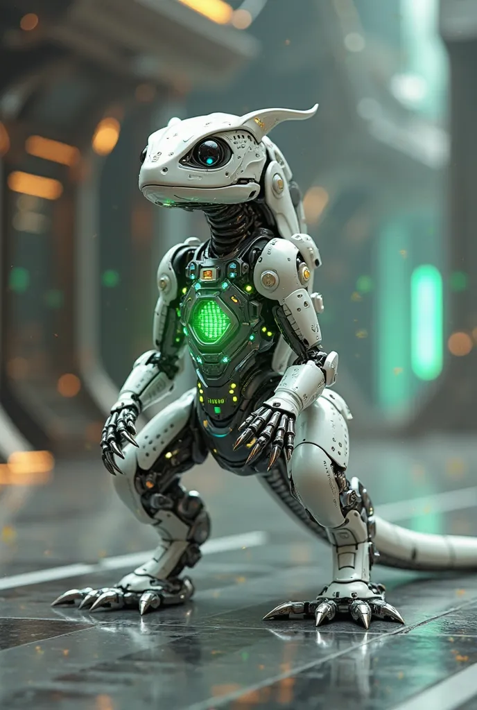 White lizard robot with green core