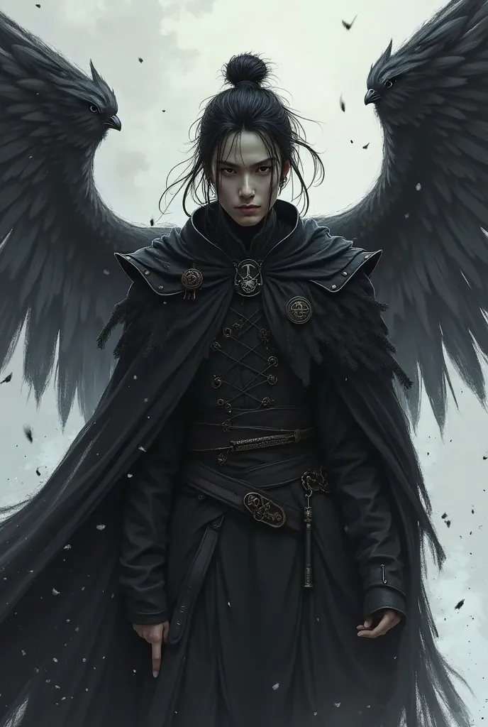 create the image of a character that knows how to add shadows like Jin Hu and has the same powers as the Darkling of Shadow and Bones, all of this in a black character, And with a pet crow, With a black kefta, and with two protective shadows just like Gene...