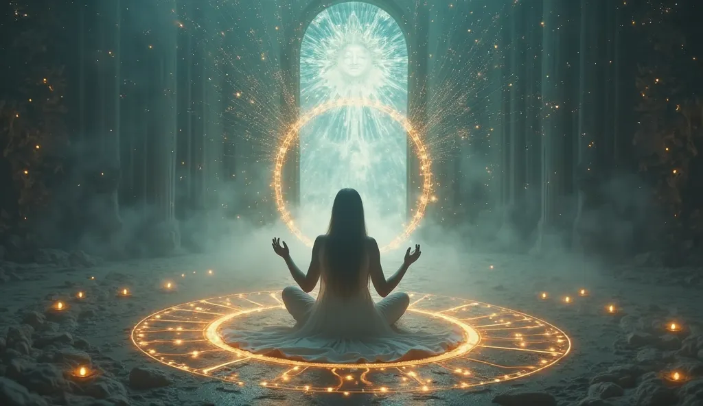 "A hyper-realistic, cinematic scene depicting the transformative power of words as an ancient ritual. A mystical figure stands in the center of a sacred circle, surrounded by glowing, ethereal symbols that represent the connection of mind, body, and spirit...